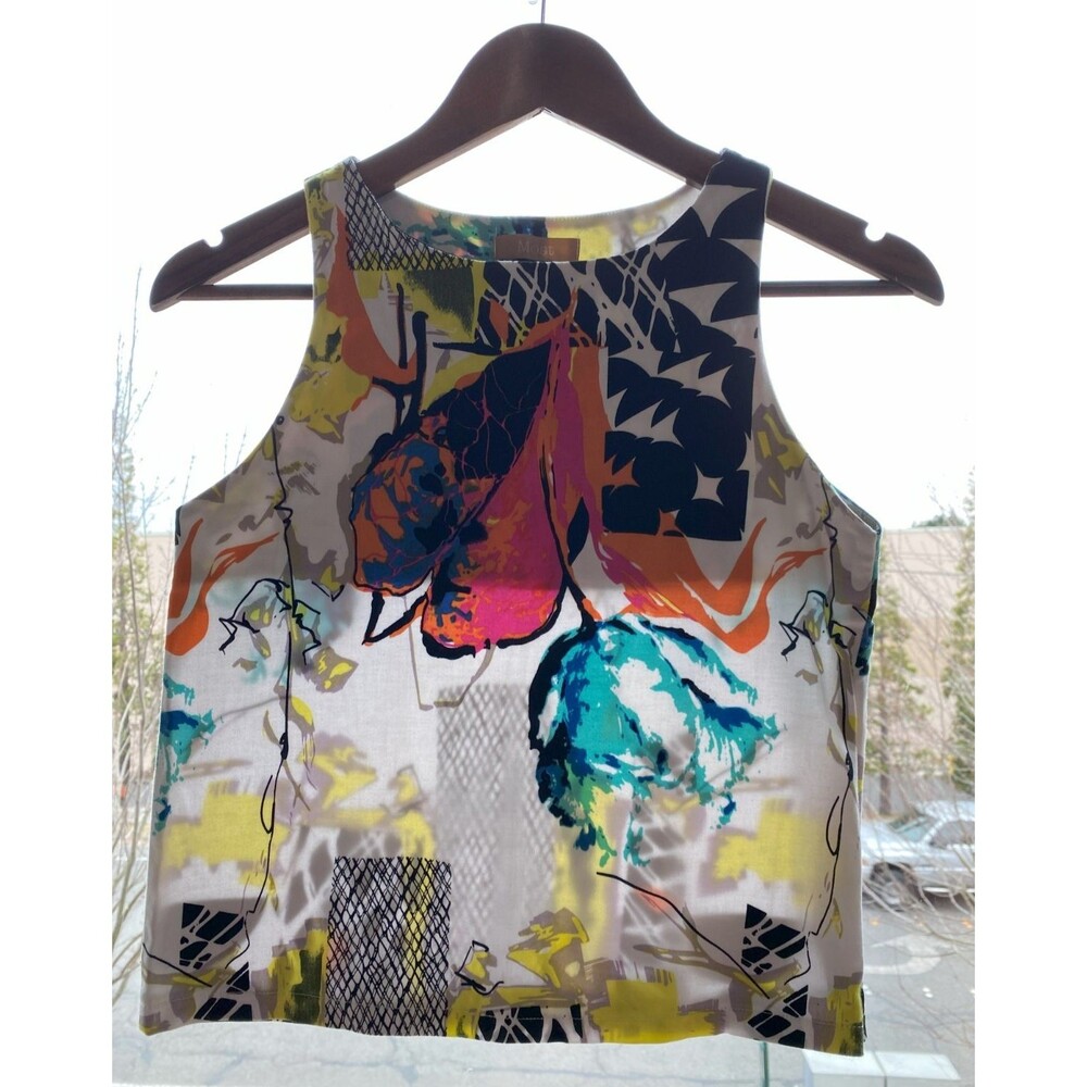 MOST Womens Shirt Top Tank Blouse‎ Multicolor Side Zip Geometric Fits Small